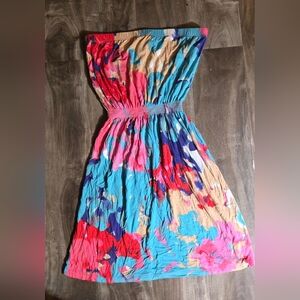 Aqua Blue and Pink Strapless Pleated Sundress